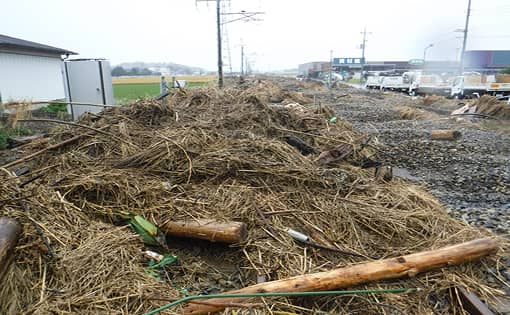 台風によって漂流物が線路に覆いかぶさった様子